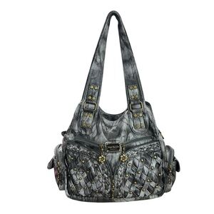 Stylish Gray Shoulder Bag with Gold Accents